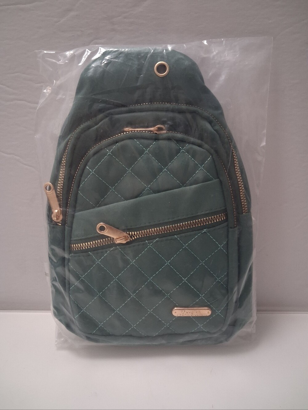 Jingpin Creations Sage Green Quilted Nylon Sling Bag Crossbody Pack Gold Zip